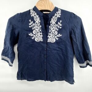 Zoe D Linen Blouse XL Navy Blue Embroidered Split Neck 3/4 Sleeve Button Shirt